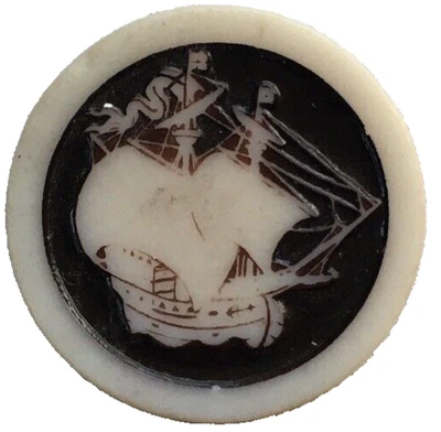 Vintage Sailing Ship Picture Button. DARK WINE COLOR.  Artid Backmark.  1 inch - Image 1 of 4