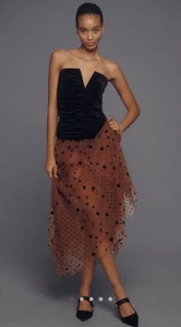Anthropologie Maeve Tulle Maxi Skirt Elastic Waist Mesh Dot Black Brown L NWT - Picture 1 of 7