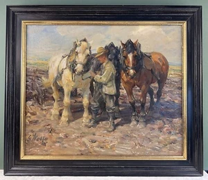 Wolf Georg 1862-1962 Pferde bei der Feldarbeit Öl auf Leinwand - Bild 1 von 5