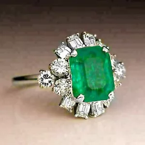 3.10Ct Lab-Created Grün Smaragd Halo Verlobungsring 14K Weiß Vergoldet - Bild 1 von 6