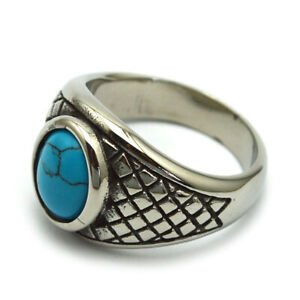 Vintage Native Indian Mens Small Oval Turquoise Ring Stainless Steel Size 13