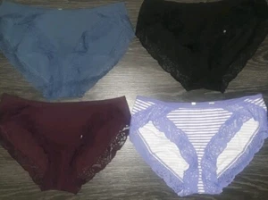 VS PINK 4 lace trim bikini panties new size S black ruby blue & purple striped - Picture 1 of 3