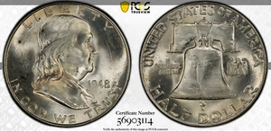 :1948-D 50C FRANKLIN HALF DOLLAR SELECT PCGS MS64FBL FULL BELL LINES HIGH GRADES - Picture 1 of 3
