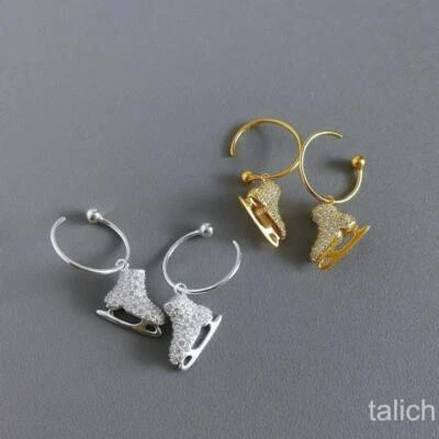 Gold Plated or Sterling Silver Small Threader Hoop Earrings with CZ Ice Skates - Image 1 of 4