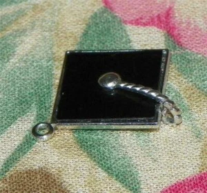 Vintage Sterling Silver Charm 3D Mortar Board Graduation cap black top  #13R - Picture 1 of 3