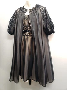 VTG Vanity Fair Peignoir Gown Robe Set 50s 60s Pink Black Illusion Nylon & Lace  - Picture 1 of 18