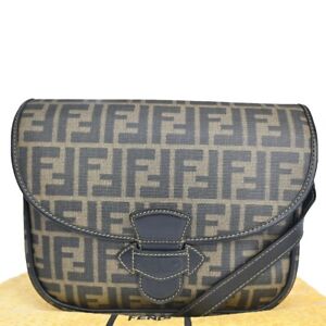 FENDI Logo Zucca Pattern Shoulder Bag PVC  Leather Black Brown Italy 33YC633