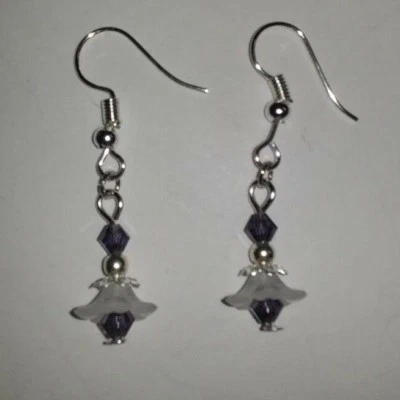 Brand New Handmade Acrylic Lily Flower Bi-Cone Glass Silver Plated Earrings - Image 1 of 2