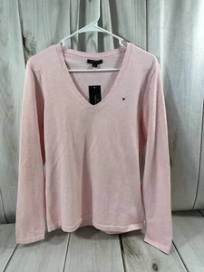 Tommy Hilfiger Women's Large V Neck Pullover Sweater Pink Preppy Casual - Picture 1 of 16