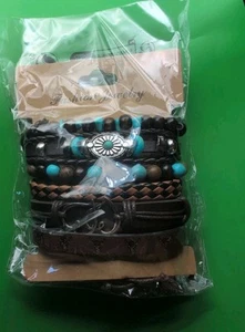 6 pcs Leather Adjustable Charmed & Beaded Elastic Bracelet #4 - Picture 1 of 2