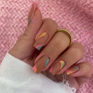 Press on Nails Medium Square Nude Fake Nails with Fashion Simple Waves Design... - Picture 1 of 6