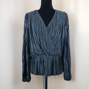 VTG 90s Japna Top Modern Size L Black Pleated Satin Wrap Look V Neck Vamp Goth - Picture 1 of 15