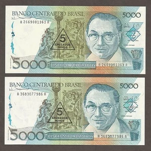 Brazil 5/5000 (1989) Cruzados UNC, P-217a,b; BNB-B832a,b; Painter, 2 diff sign. - Picture 1 of 2