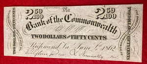 BILLETE DE $2,50 DÓLARES 1862 BANCO DE LA MANCOMUNIDAD BILLETES 100-199 CONOCIDOS ESCASOS - Imagen 1 de 2