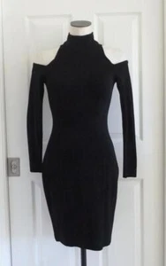 TADASHI Vtg Black High Neck Cold Shoulder Rayon Knit Bodycon Dress S XS EUC Sexy - Picture 1 of 15