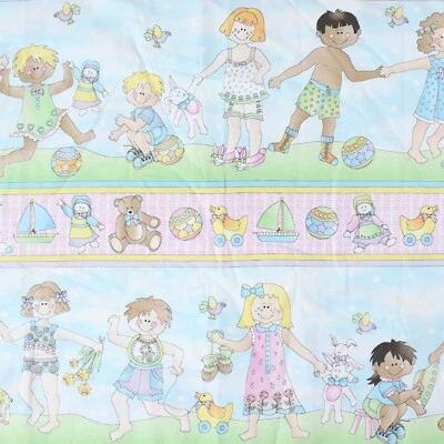 Wee Kids Vtg Pastel Fabric 42"x42" Pc Boat Duck Ball Bird Play Border Craft Sew - Image 1 of 4