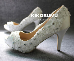 WHITE IVORY 3" 4" Open Toe Satin Ribbon bridal high heels evening wedding shoes