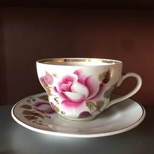 1970's Old Ukrainian Large Tea pair Porcelain Hand Painted Gold & Roses Mug 0.5L - Picture 1 of 7