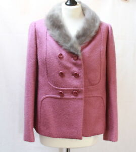 Superbe veste vintage en laine rose col fourrure véritable t. 38 / 40