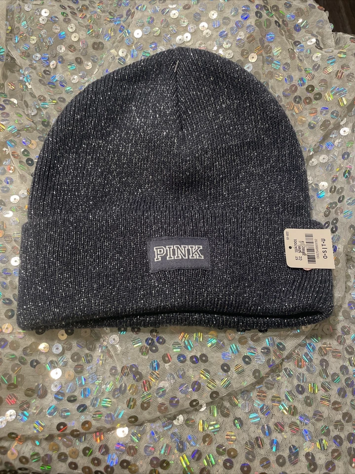 Victoria's Secret SHIMMER Brillo Gorro SOMBRERO TEJIDO PLATEADO Gris Nuevo + Etiqueta ROSA Logo Foto 1 de 1
