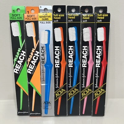 Лот 7 винтажный Johnson & Johnson Reach зубная щетка мягкий полный размер голова чувствительный неон! - Изображение 1 из 4
