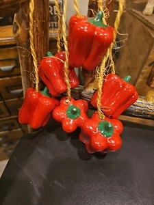 Ceramic Lot Of Red Bell Peppers On Jute Rope 2" Tall Vintage Collectable Mexico - Picture 1 of 7