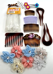 Vintage Hair Combs Tortoise Floral Clear Purple Flower Bobby Pins Clip on Flower - Picture 1 of 8