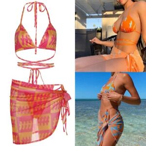 Women 3pcs Contrast Bikini Set Halter Swimsuit with Sarong Cover Up