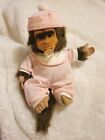 1994 Vtg Hosung Monkey Chimp Puppet W/ Pink Bunny Outfit & Flocked Face Squeaks