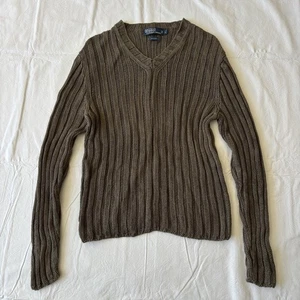 Vintage Polo Ralph Lauren Sweater Men Brown Linen Knit Fisherman Pullover Large - Picture 1 of 15
