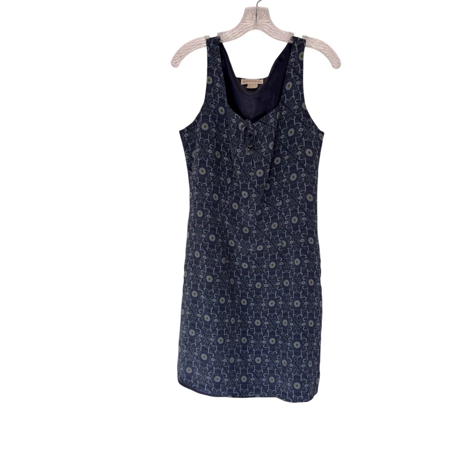 Vestido Merona Azul Seda Vintage Años 90 Sin Mangas Estampado Geométrico Corbata Frontal Talla 14 Foto 1 de 4