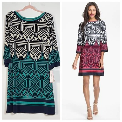 Eliza J Shift Mini Dress Womens Sz 14 Multicolor Geo Print 3/4 Sleeves Boat Neck - Image 1 of 4