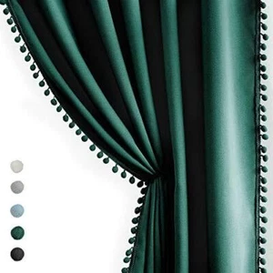 Pompom Green Full Blackout Curtains for Bedroom Living Room 63 inch Thermal - Picture 1 of 9