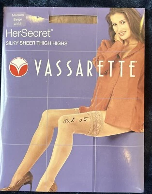 Vassarette Beige Thigh Highs-Her Secret-Silky Sheer Floral Lace- Medium 4035 NEW - Image 1 of 4
