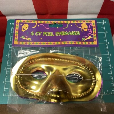 6 Foil Mardi Gras Eye Masks Masquerade Party  Purple Green Gold - Image 1 of 4