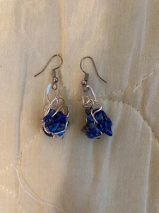 Genuine Blue Lapis Lazuli Stones Pierced Dangling Earrings - Picture 1 of 7