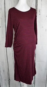 Liz Lange Women Maternity Tee Dress Striped 3/4 Sleeve Ruched Sides Berry Navy S - Picture 1 of 6