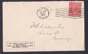 1933 KING GEORGE V 2d PRE-DECIMAL STAMP BANK OF N.S.W. COMMERCIAL COVER #B223 - Picture 1 of 1