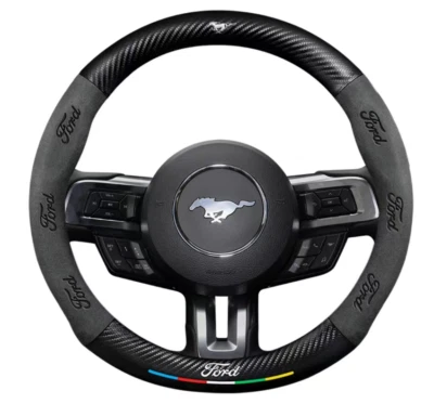 15" PU Leather+Carbon fiber Steering Wheel Cover For Ford Mustang All Cars - Image 1 of 4