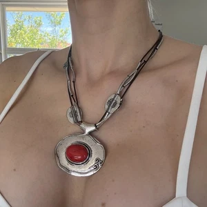 Silver Red Stone Statement Necklace – 53 cm, 74 g, Adjustable Lobster Clasp - Picture 1 of 4