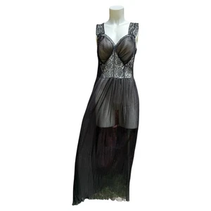 Vintage Miss Siren Glam Black Negligee Nightgown Boudoir Lingerie Lace Pleats 36 - Picture 1 of 5