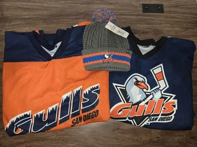 2 camisetas de hockey de ligas menores de las gaviotas de San Diego #03 #04 XXL 47' sombrero tejido de gaviotas Foto 1 de 4