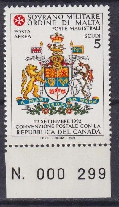 Escudo de armas SMOM 1993, correo aéreo, acuerdo postal con Canadá, error MNH** Foto 1 de 1