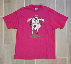 Vintage Carol Montgomery T-Shirt XL Two Sided Art Funny Salamander on Cow Pink - Picture 1 of 15
