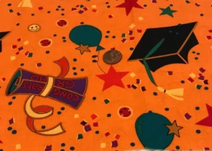 Black Graduation Caps*Purple Scroll*on Orange* Free Spirit* 100% Cotton* 21"x 8" - Picture 1 of 3