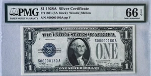 1928A $1 LEGAL TENDER SILVER CERTIFICATE PMG 66 EPQ EXTREME LOW SERIAL#00000180 - Picture 1 of 3