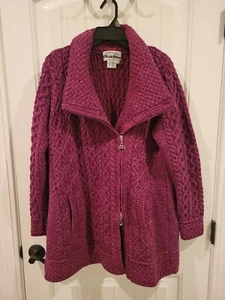 Aran Merino Wool Asymmetric Zip Front Sweater Magenta Size L - Picture 1 of 7