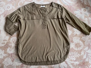 WOMEN'S BLOUSE WOVEN AND KNIT MADEWELL XXS 3/4 SLEEVES OLIVE GREEN OVERSIZED - Picture 1 of 7