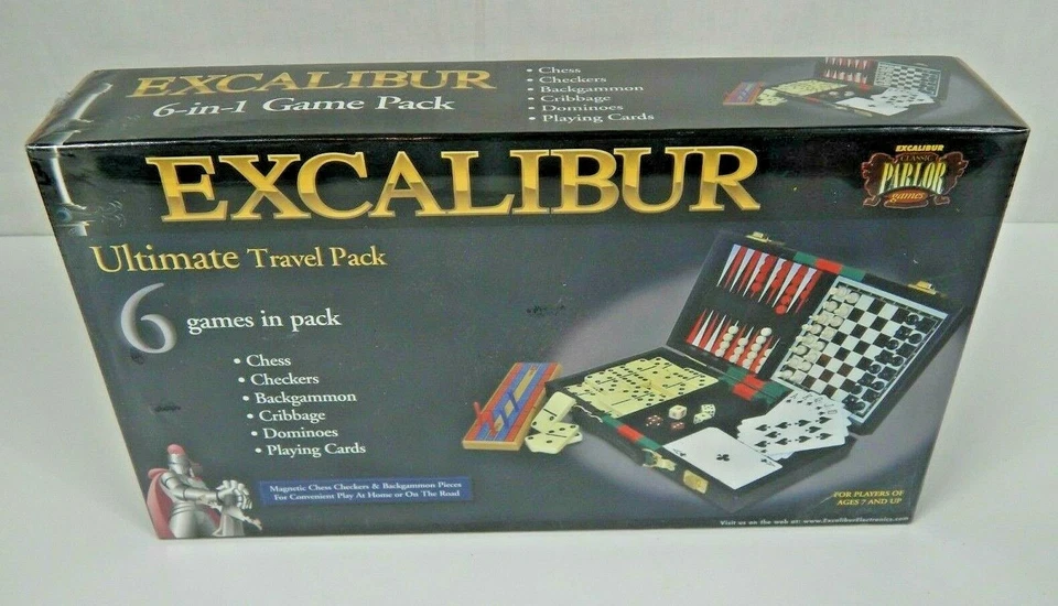 Excalibur Travel 6 Games Chess Checkers Backgammon Cribbage Cards Dominoes