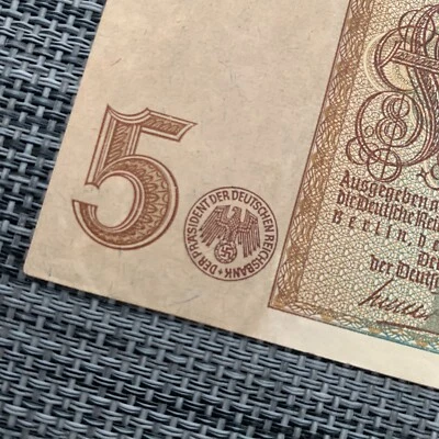 Billete de 5 marcos de 1942 recuerdos de la Segunda Guerra Mundial moneda alemana Alemania Segunda Guerra Mundial Foto 1 de 4